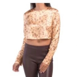 Zara Long Sleeve Floral Satin Crop Top | Brown  and Tan | Size S